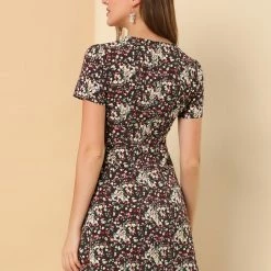 Allegra K Floral Bow Tie V Neck Shorts Sleeves Ruffle Dress Women