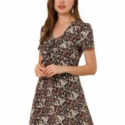 Allegra K Floral Bow Tie V Neck Shorts Sleeves Ruffle Dress Women