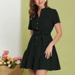 Allegra K Women's Cotton Button Down Shirt Dress Ruffle Collar Neck Belted Hem Short Sleeve Casual Above Knee Shirtdress