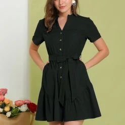 Allegra K Women's Cotton Button Down Shirt Dress Ruffle Collar Neck Belted Hem Short Sleeve Casual Above Knee Shirtdress