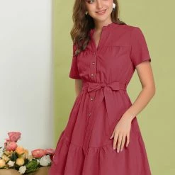 Allegra K Women's Cotton Button Down Shirt Dress Ruffle Collar Neck Belted Hem Short Sleeve Casual Above Knee Shirtdress