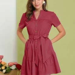 Allegra K Women's Cotton Button Down Shirt Dress Ruffle Collar Neck Belted Hem Short Sleeve Casual Above Knee Shirtdress