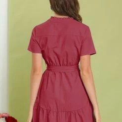 Allegra K Women's Cotton Button Down Shirt Dress Ruffle Collar Neck Belted Hem Short Sleeve Casual Above Knee Shirtdress