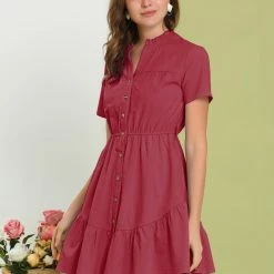 Allegra K Women's Cotton Button Down Shirt Dress Ruffle Collar Neck Belted Hem Short Sleeve Casual Above Knee Shirtdress