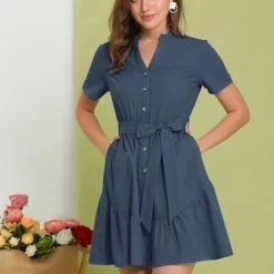 Allegra K Women's Cotton Button Down Shirt Dress Ruffle Collar Neck Belted Hem Short Sleeve Casual Above Knee Shirtdress