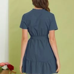 Allegra K Women's Cotton Button Down Shirt Dress Ruffle Collar Neck Belted Hem Short Sleeve Casual Above Knee Shirtdress