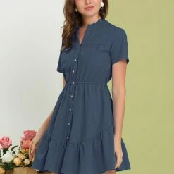 Allegra K Women's Cotton Button Down Shirt Dress Ruffle Collar Neck Belted Hem Short Sleeve Casual Above Knee Shirtdress