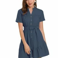 Allegra K Women's Cotton Button Down Shirt Dress Ruffle Collar Neck Belted Hem Short Sleeve Casual Above Knee Shirtdress