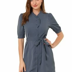 Allegra K Women's Ruffle Neck Button Down Tie Waist Shirt Dress 38 Allegra K Women's Ruffle Neck Button Down Tie Waist Shirt Dress