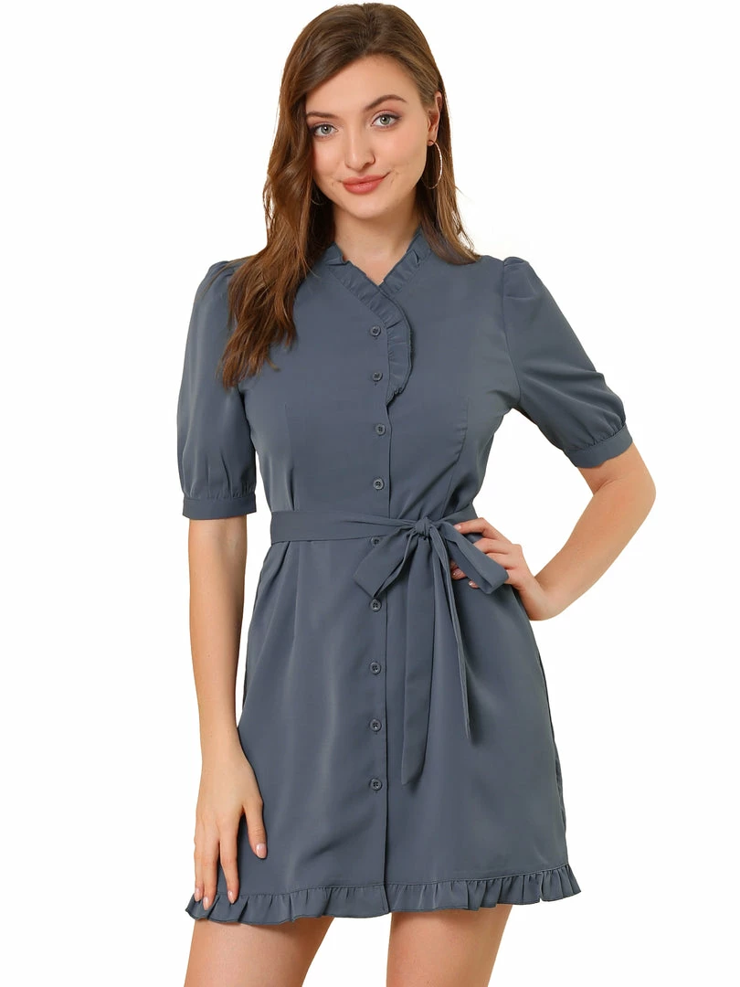 Allegra K Women's Ruffle Neck Button Down Tie Waist Shirt Dress 15 Allegra K Women's Ruffle Neck Button Down Tie Waist Shirt Dress