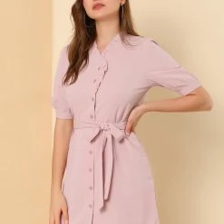Allegra K Women's Ruffle Neck Button Down Tie Waist Shirt Dress 34 Allegra K Women's Ruffle Neck Button Down Tie Waist Shirt Dress