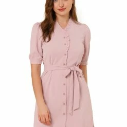 Allegra K Women's Ruffle Neck Button Down Tie Waist Shirt Dress 32 Allegra K Women's Ruffle Neck Button Down Tie Waist Shirt Dress