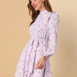 Allegra K Women's Ruffle Stand Collar Belted Floral Keyhole Back Half Lined Elastic Waist Dress