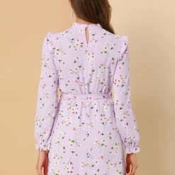 Allegra K Women's Ruffle Stand Collar Belted Floral Keyhole Back Half Lined Elastic Waist Dress