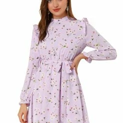 Allegra K Women's Ruffle Stand Collar Belted Floral Keyhole Back Half Lined Elastic Waist Dress