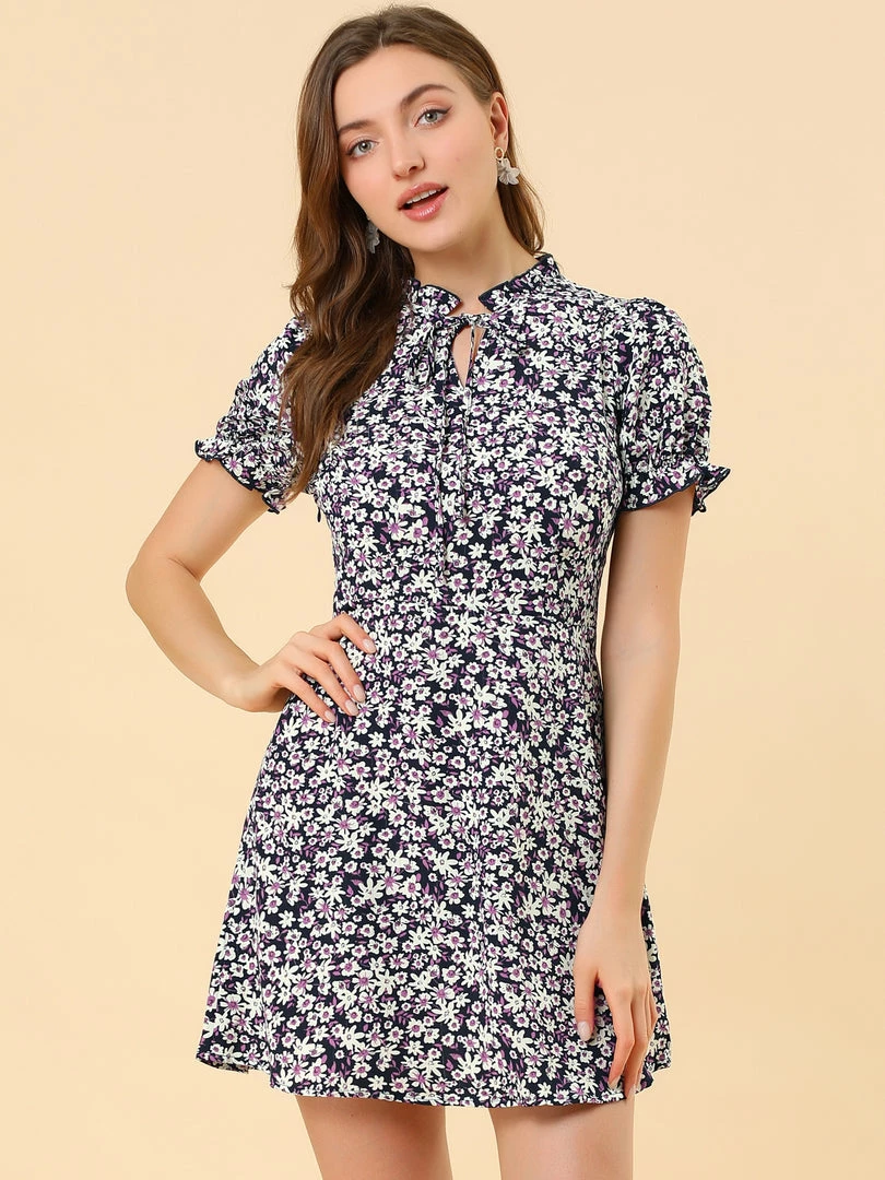 Allegra K Women's Ditsy Floral Ruffled Vintage Puff Sleeve Flare Mini Dress 18 Allegra K Women's Ditsy Floral Ruffled Vintage Puff Sleeve Flare Mini Dress