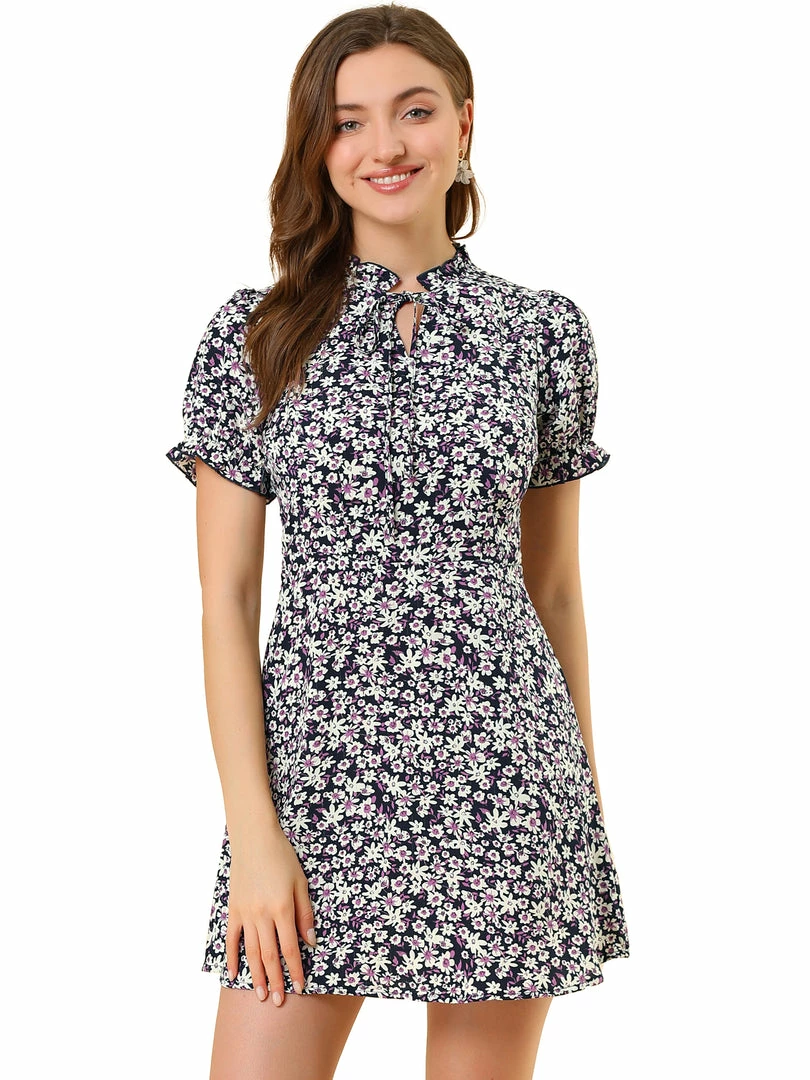 Allegra K Women's Ditsy Floral Ruffled Vintage Puff Sleeve Flare Mini Dress 15 Allegra K Women's Ditsy Floral Ruffled Vintage Puff Sleeve Flare Mini Dress