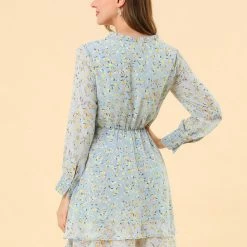 Allegra K Women's Floral Ruffled Tie V Neck Layered Vintage Chiffon Mini Dress