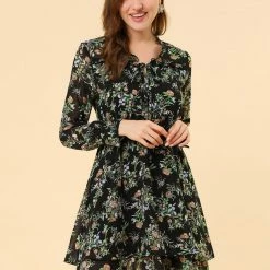 Allegra K Women's Floral Ruffled Tie V Neck Layered Vintage Chiffon Mini Dress