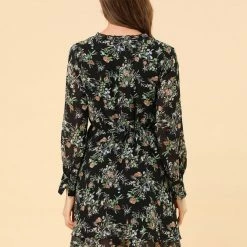 Allegra K Women's Floral Ruffled Tie V Neck Layered Vintage Chiffon Mini Dress