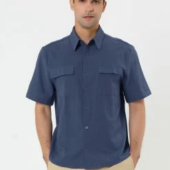 Allegra K Men's Summer Short Sleeves Button Down Solid Shirt With Pockets