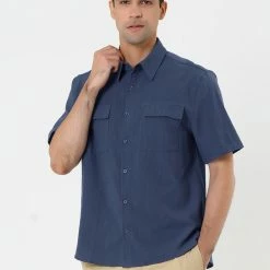 Allegra K Men's Summer Short Sleeves Button Down Solid Shirt With Pockets