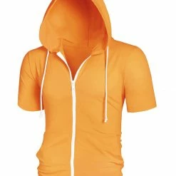Allegra K Men's Hoodies Solid Color Zip Up Short Sleeve Jackets With Hood