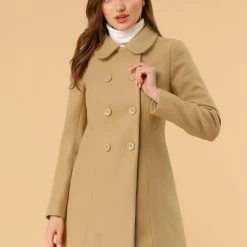 Allegra K Double Breasted Peter Pan Collar Thigh Length Coat