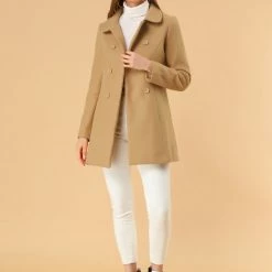 Allegra K Double Breasted Peter Pan Collar Thigh Length Coat