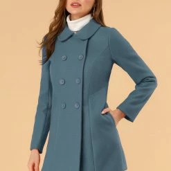 Allegra K Double Breasted Peter Pan Collar Thigh Length Coat