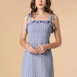 Allegra K Polka Dot Sleeveless Ruffle Tie Mini Dress Women