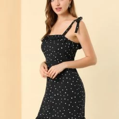 Allegra K Polka Dot Sleeveless Ruffle Tie Mini Dress Women