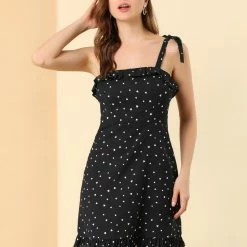 Allegra K Polka Dot Sleeveless Ruffle Tie Mini Dress Women