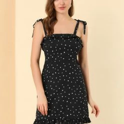 Allegra K Polka Dot Sleeveless Ruffle Tie Mini Dress Women