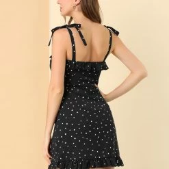 Allegra K Polka Dot Sleeveless Ruffle Tie Mini Dress Women