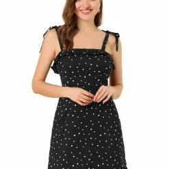 Allegra K Polka Dot Sleeveless Ruffle Tie Mini Dress Women