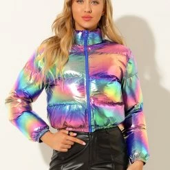 Allegra K Women's Winter Shiny Cropped Quilted Padded Puffer Metallic Coat