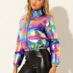 Allegra K Women's Winter Shiny Cropped Quilted Padded Puffer Metallic Coat