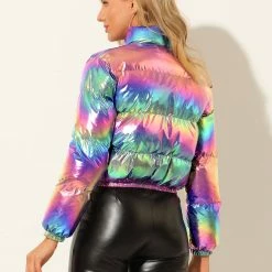 Allegra K Women's Winter Shiny Cropped Quilted Padded Puffer Metallic Coat