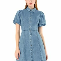 Allegra K Women's Puff Short Sleeve Button Front Mini Jean Denim Dress 45 Allegra K Women's Puff Short Sleeve Button Front Mini Jean Denim Dress