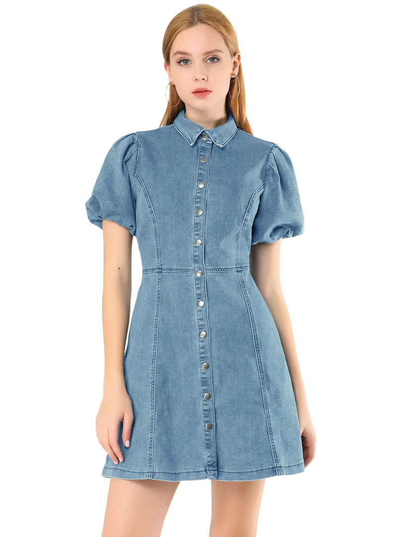 Allegra K Women's Puff Short Sleeve Button Front Mini Jean Denim Dress 16 Allegra K Women's Puff Short Sleeve Button Front Mini Jean Denim Dress