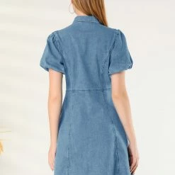 Allegra K Women's Puff Short Sleeve Button Front Mini Jean Denim Dress 48 Allegra K Women's Puff Short Sleeve Button Front Mini Jean Denim Dress