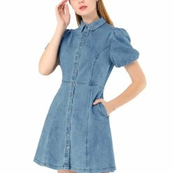 Allegra K Women's Puff Short Sleeve Button Front Mini Jean Denim Dress 44 Allegra K Women's Puff Short Sleeve Button Front Mini Jean Denim Dress