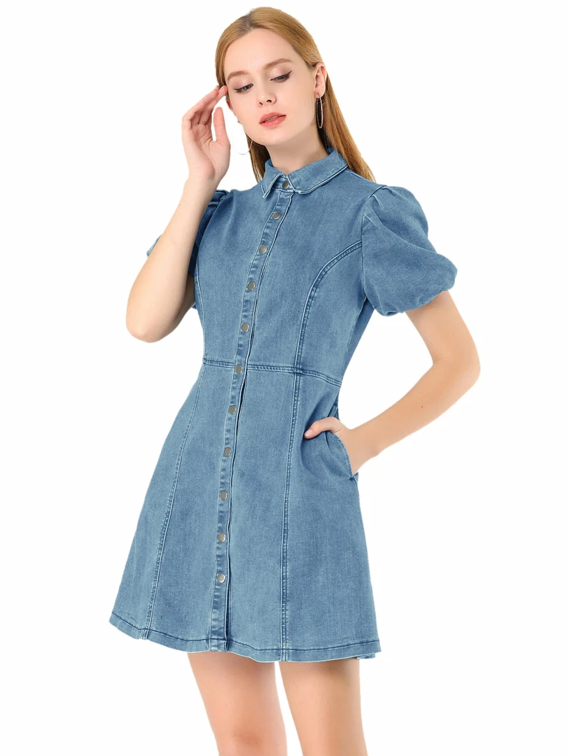 Allegra K Women's Puff Short Sleeve Button Front Mini Jean Denim Dress 15 Allegra K Women's Puff Short Sleeve Button Front Mini Jean Denim Dress