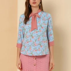 Allegra K Women's Bow Tie Neck Contrast Trim 3/4 Sleeve Floral Blouse Tops