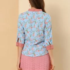 Allegra K Women's Bow Tie Neck Contrast Trim 3/4 Sleeve Floral Blouse Tops