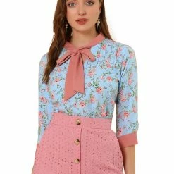 Allegra K Women's Bow Tie Neck Contrast Trim 3/4 Sleeve Floral Blouse Tops