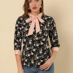 Allegra K Women's Bow Tie Neck Contrast Trim 3/4 Sleeve Floral Blouse Tops
