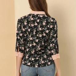 Allegra K Women's Bow Tie Neck Contrast Trim 3/4 Sleeve Floral Blouse Tops
