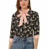 Allegra K Women's Bow Tie Neck Contrast Trim 3/4 Sleeve Floral Blouse Tops
